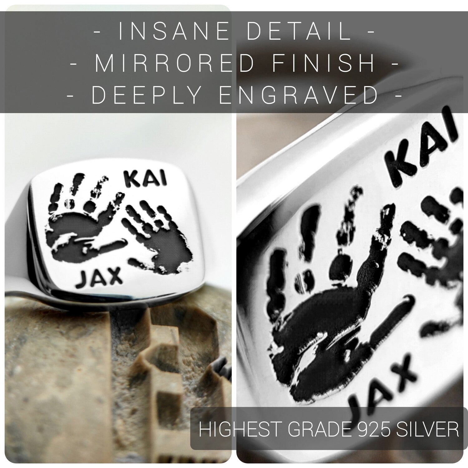 Sleek 925 silver signet ring with engraved child handprints Kai and Jax
