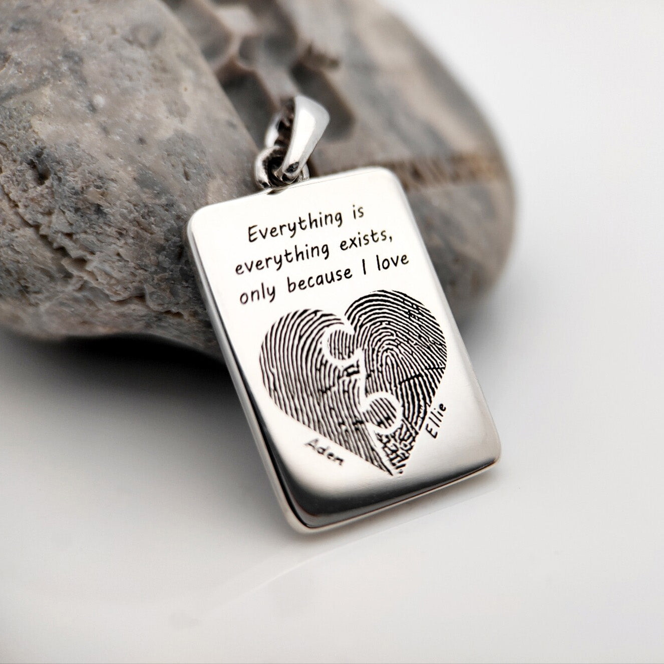 Silver rectangular pendant with fingerprint hearts, Adam and Ellie names