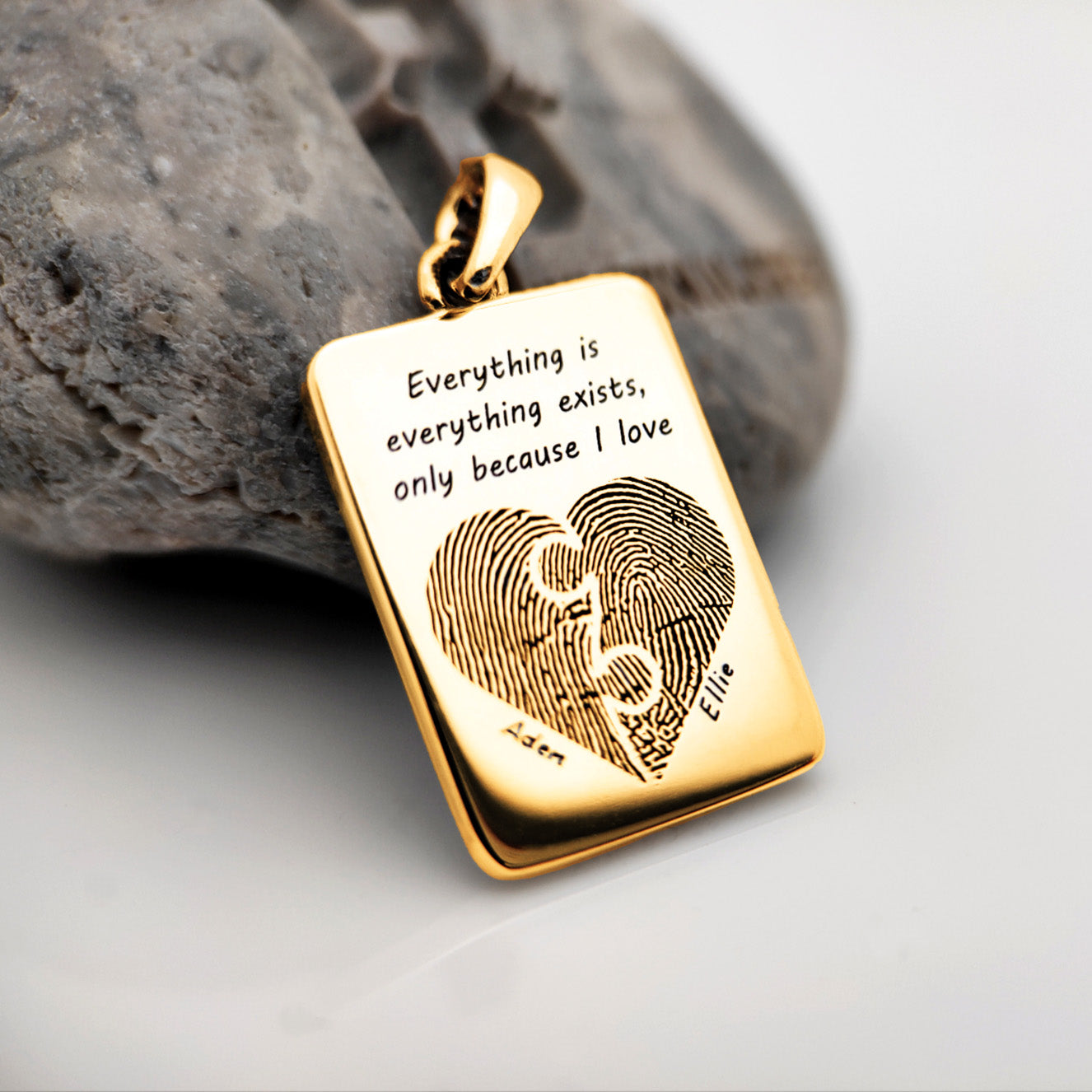 Gold fingerprint heart pendant engraved Everything exists only because I love