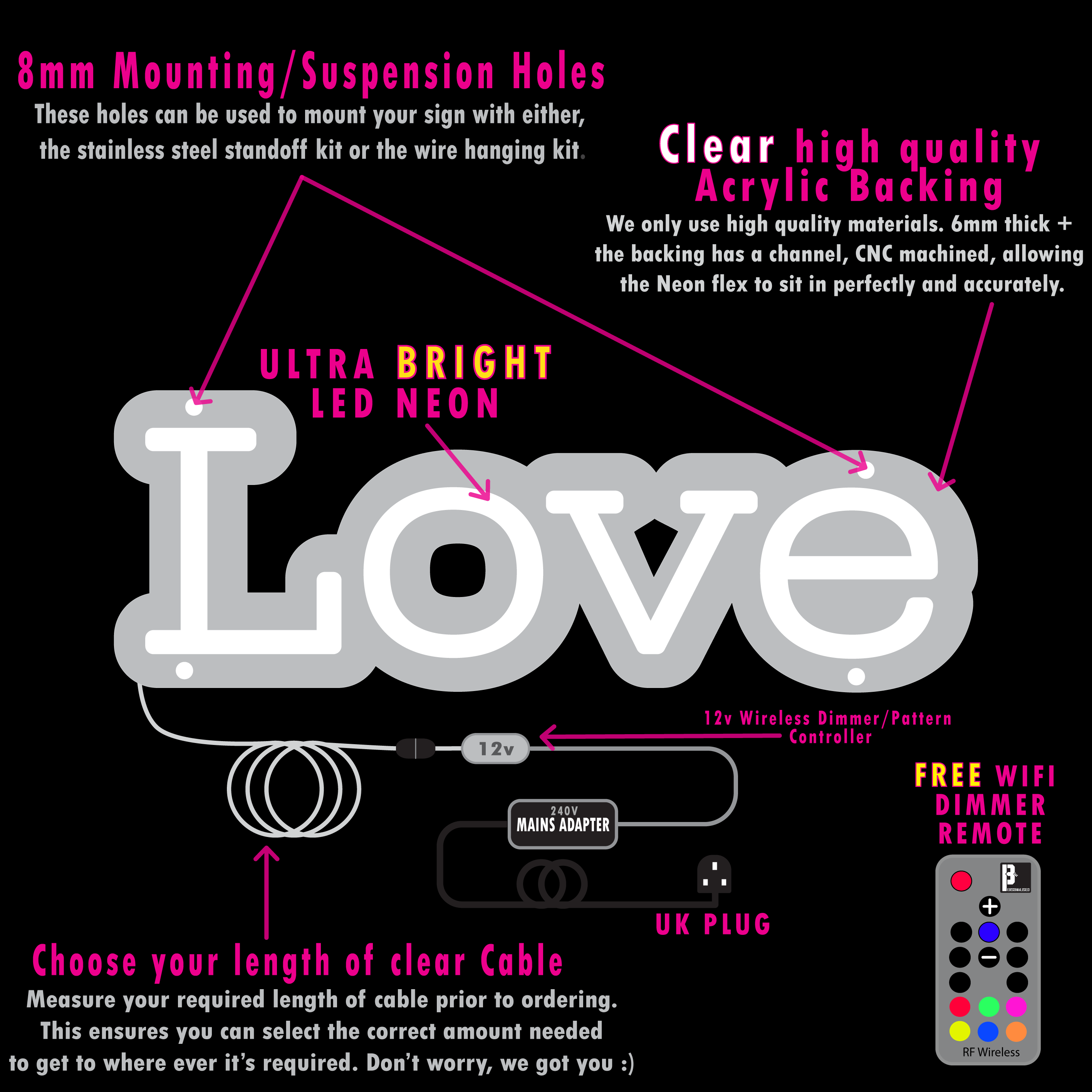 Drip Tick Neon white love sign with bright LED, acrylic back, 12V dimmer