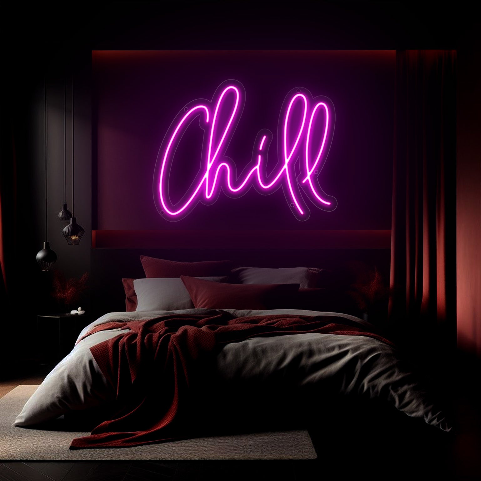 Glowing pink neon Chill sign in cursive for home decor or salon