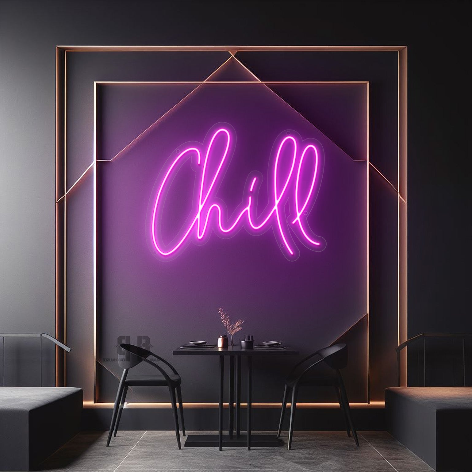 Glowing pink neon Chill cursive sign in gold geometric border for salon decor