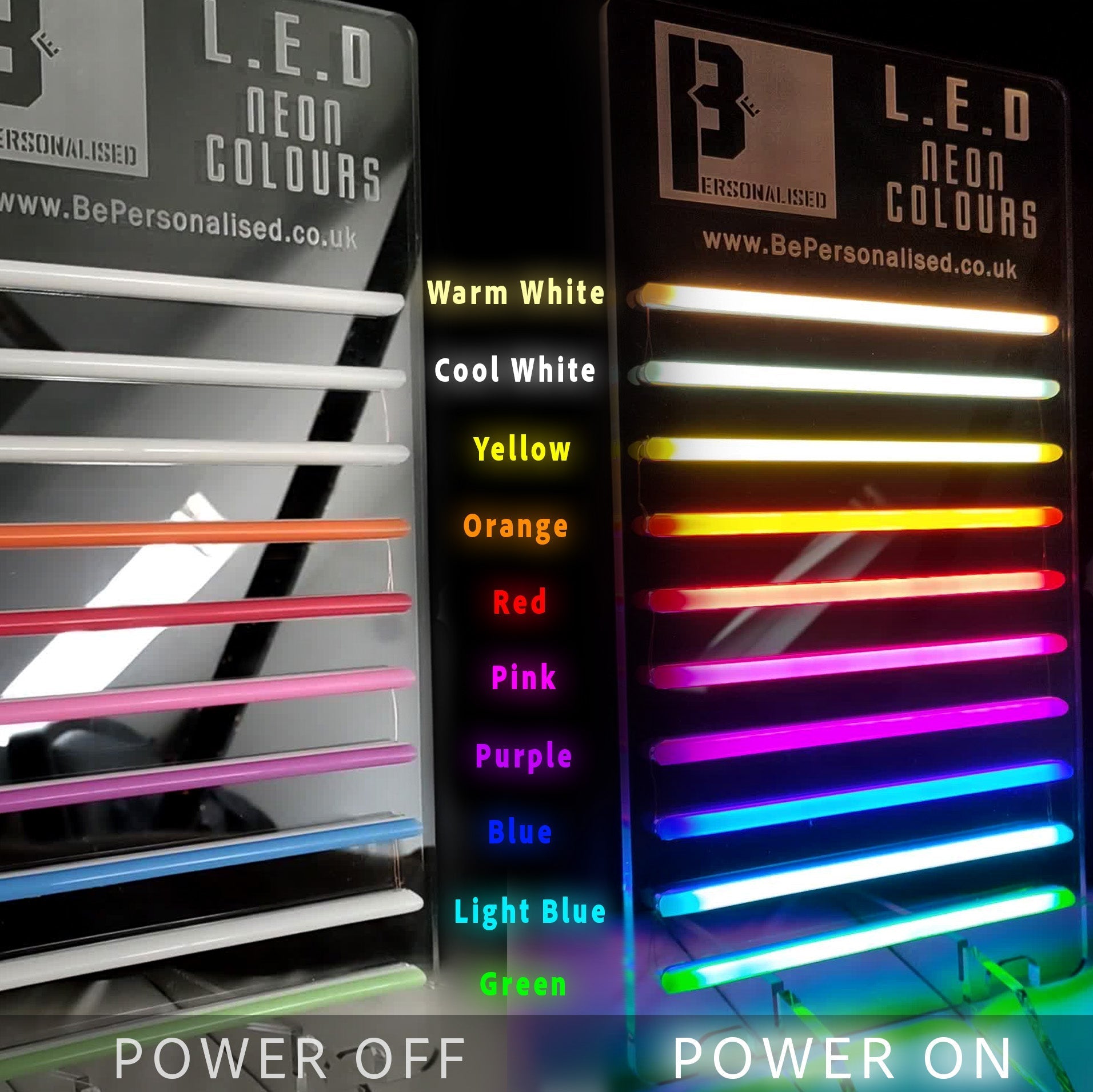 Drip Tick Neon LED tubes in vibrant colors: white, yellow, orange, red, pink, purple, blue, green