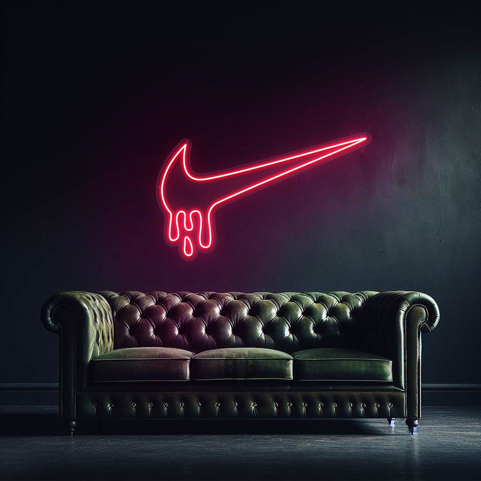Glowing red dripping Nike swoosh neon sign Drip Tick Neon above green leather sofa