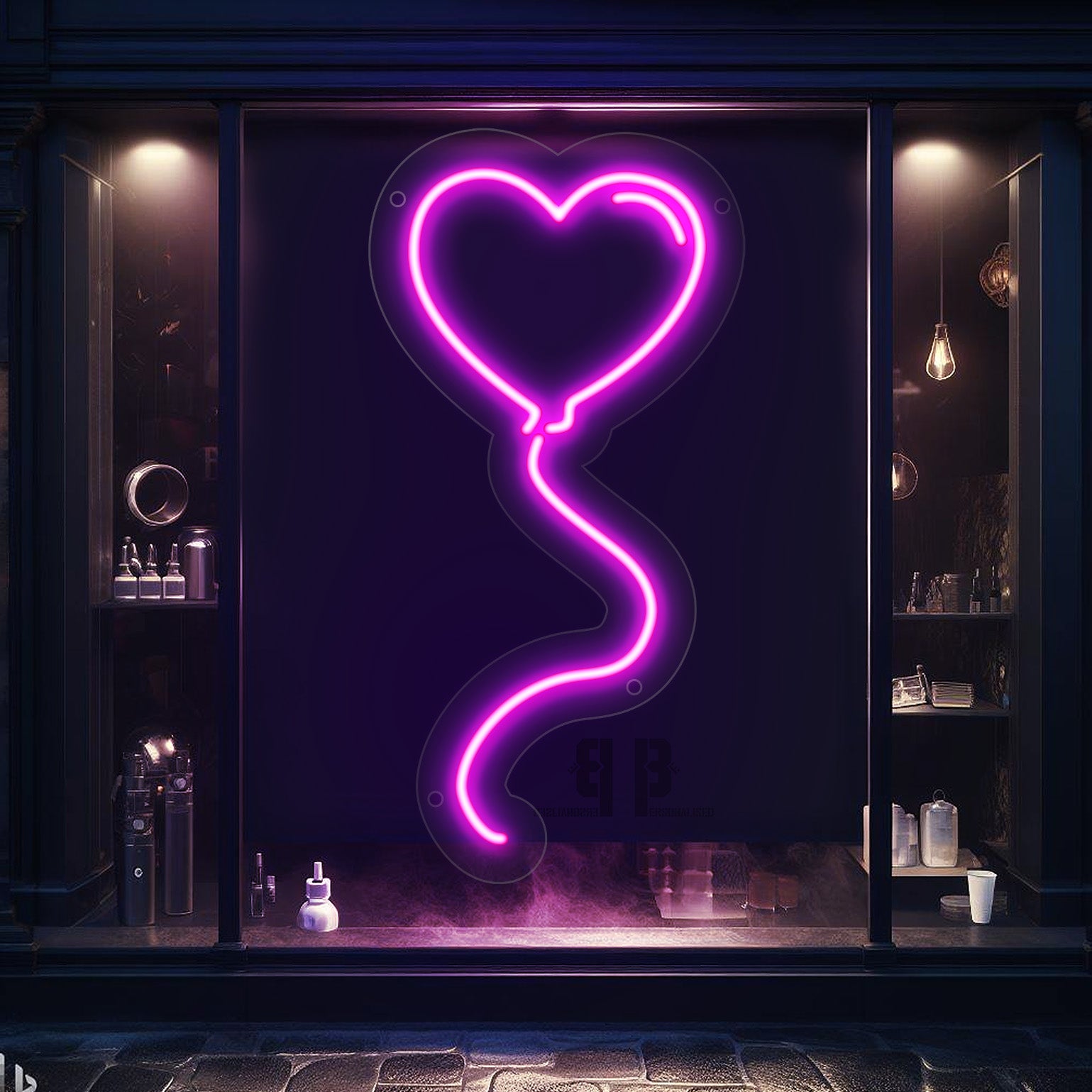 Glowing pink neon heart balloon sign with wavy stem on dark storefront