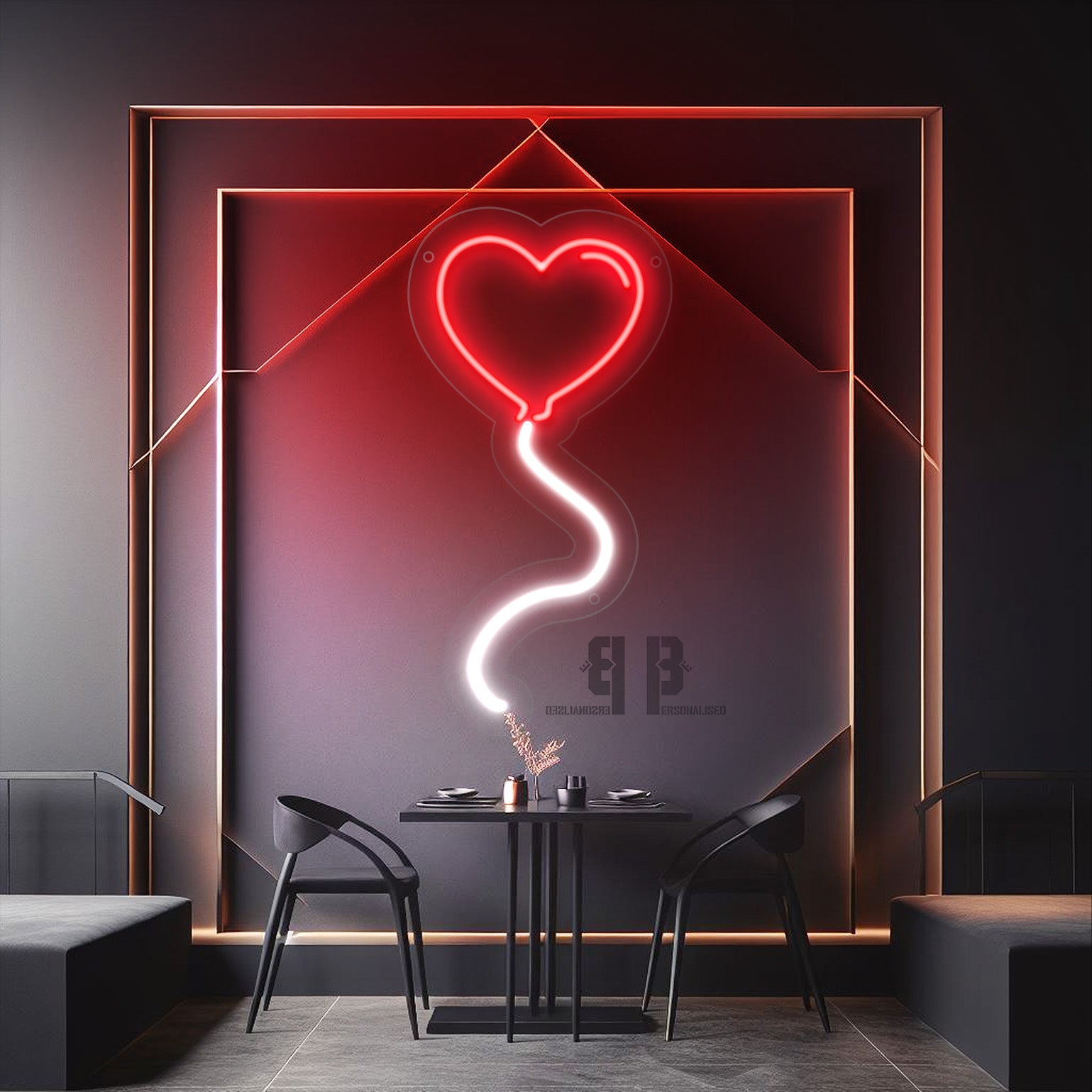Glowing red neon heart balloon sign with white stem for weddings
