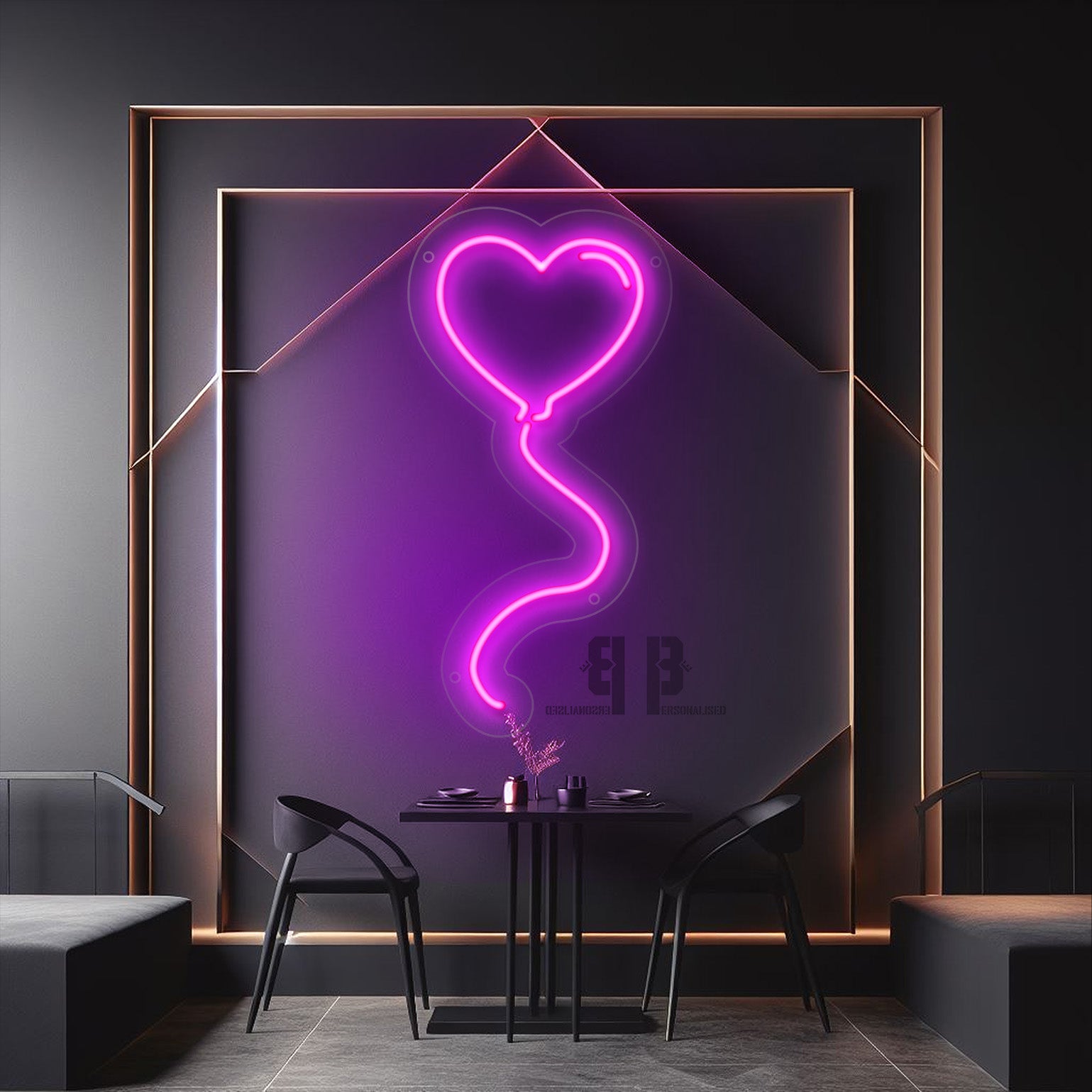 Glowing purple neon heart balloon sign for weddings and home decor