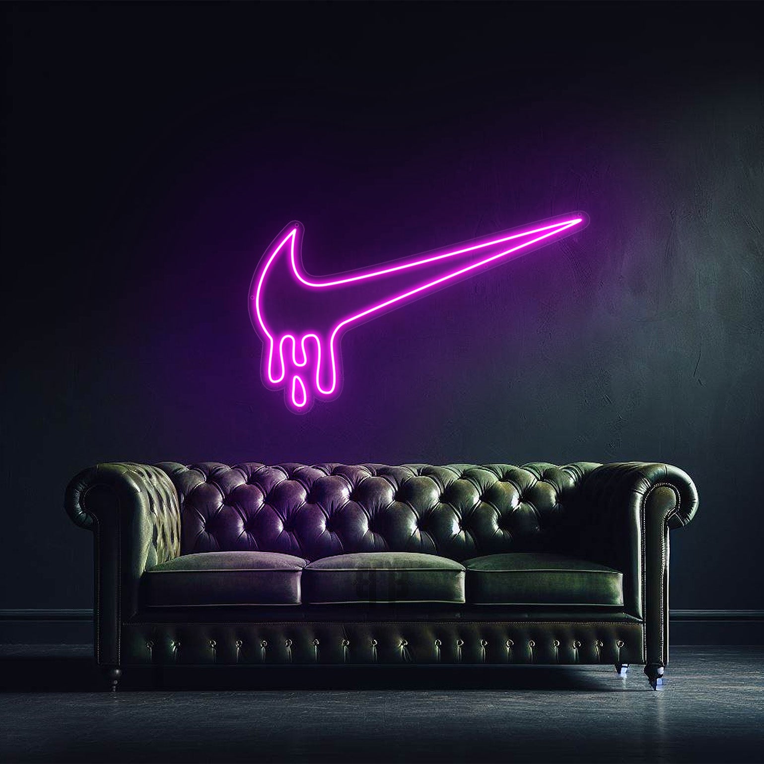 Drip Tick Neon glowing purple dripping Nike swoosh sign above dark green Chesterfield sofa