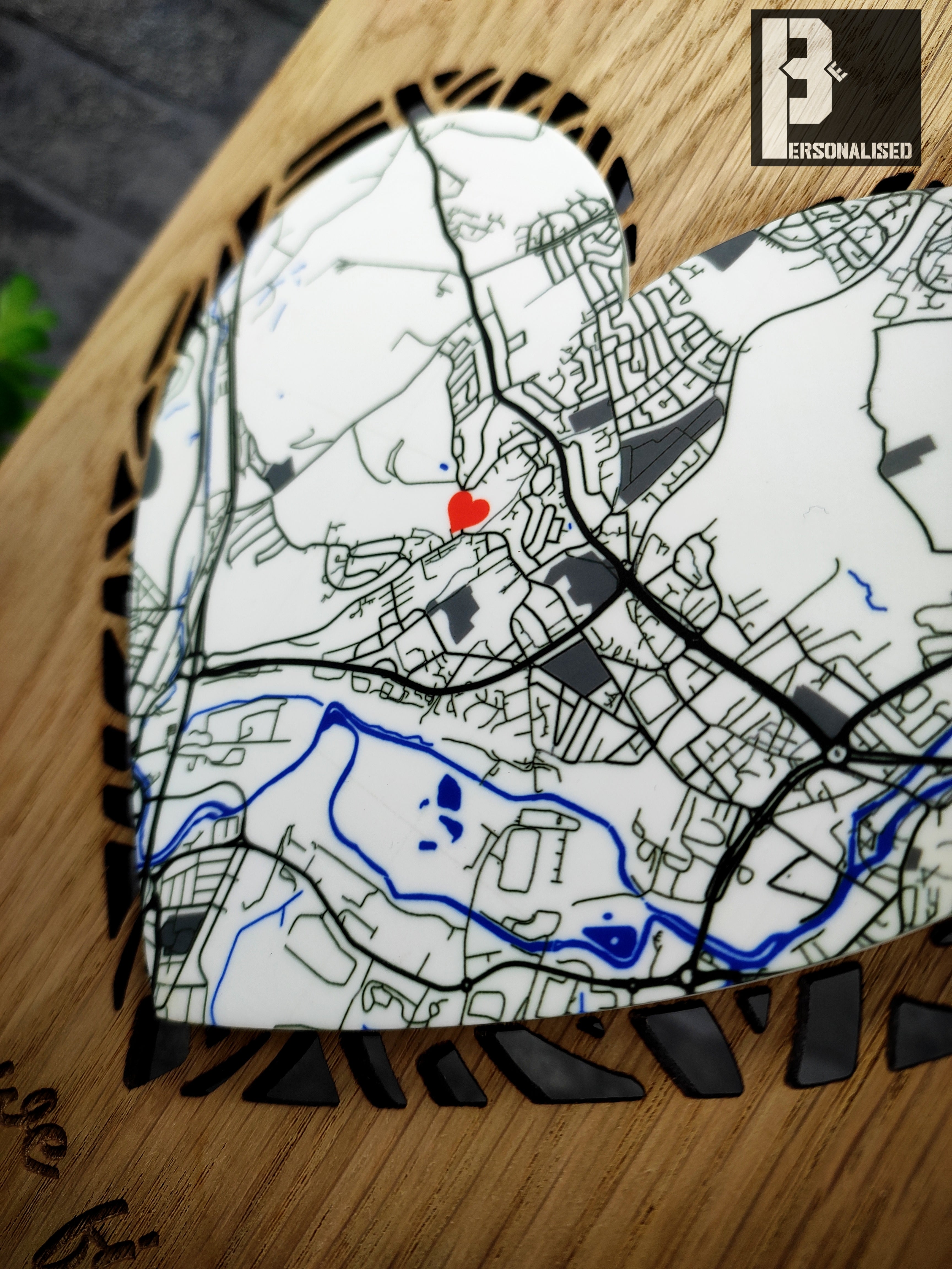 Heart-shaped Where We Met oak map plaque with red marker