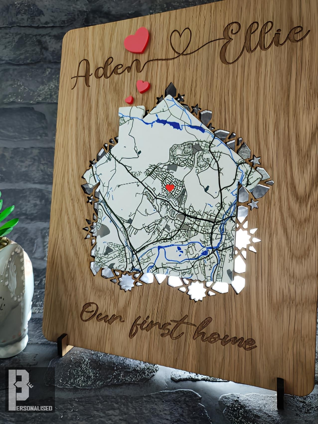 Personalized oak map plaque of first home with Aden Ellie hearts