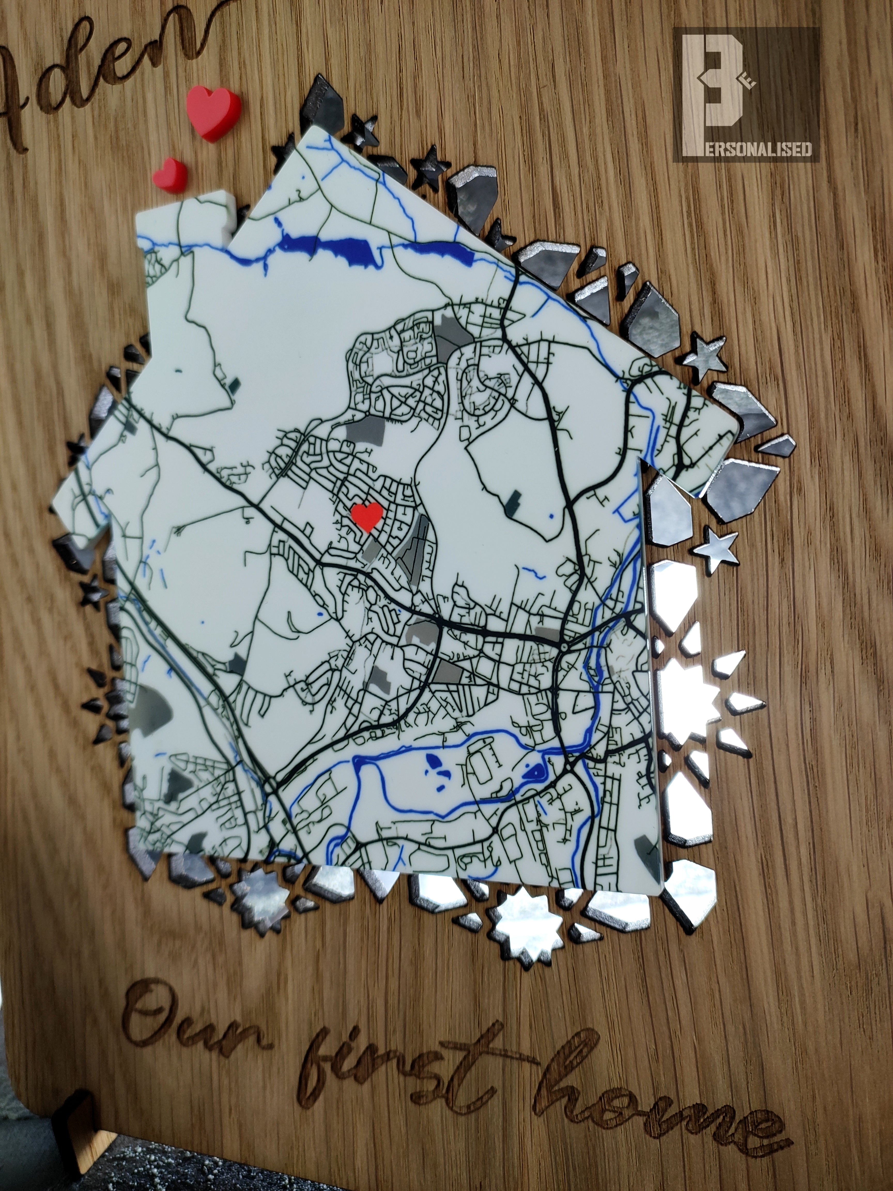 Our First Home luxury oak map wall art with white blue town, red hearts