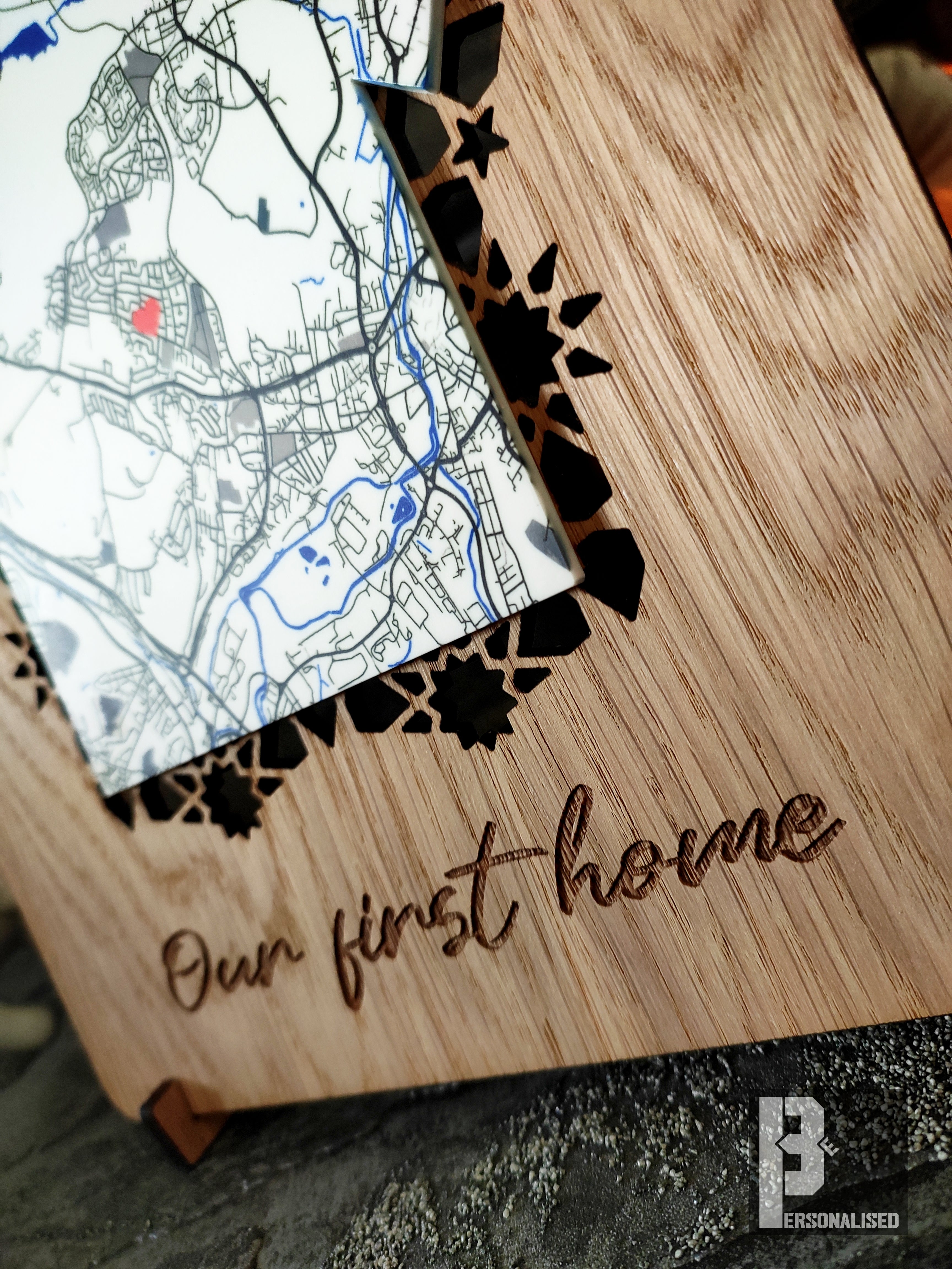 Wooden keepsake box with laser-engraved Our First Home and oak map inset