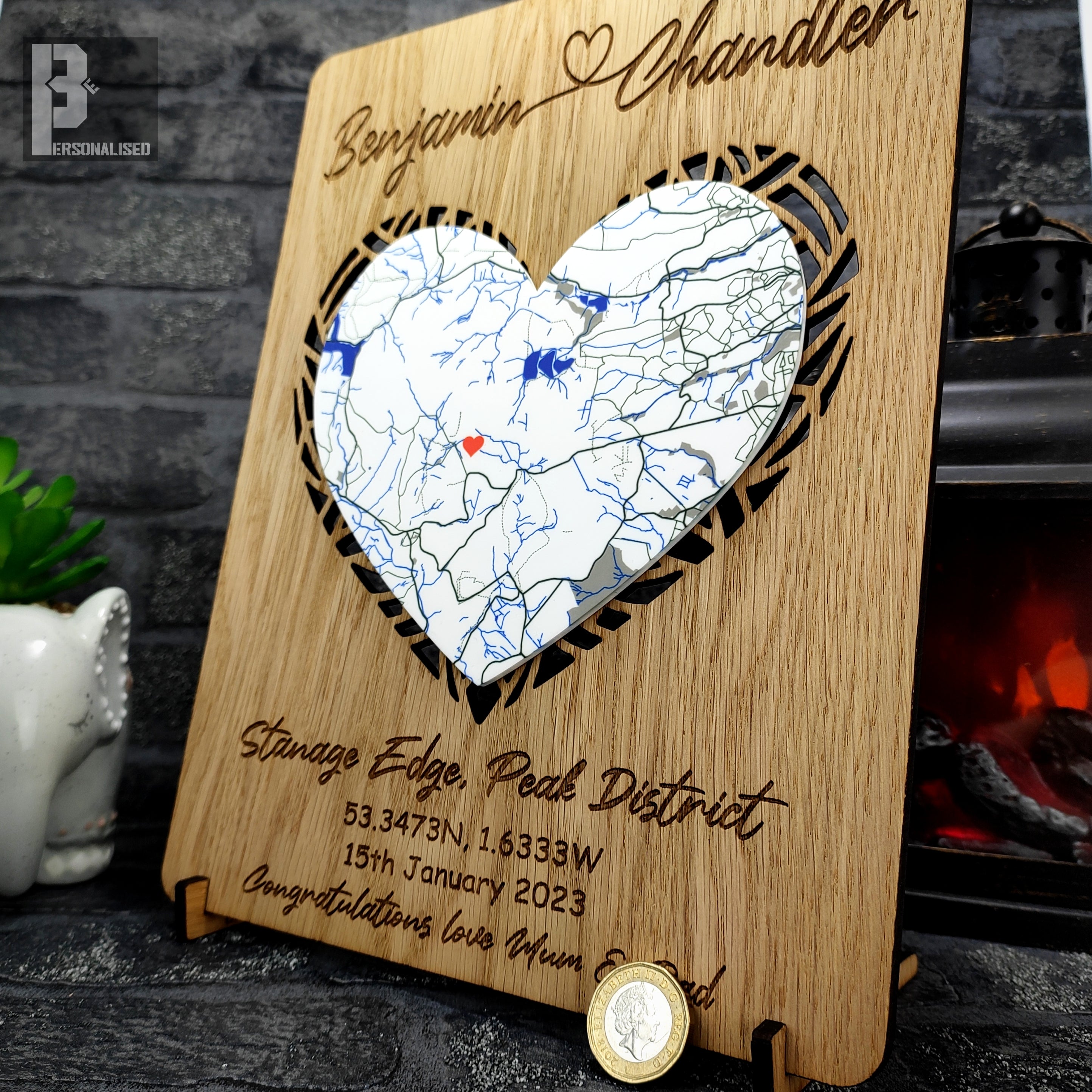 Personalized Where We Met oak plaque with Stanage Edge heart map