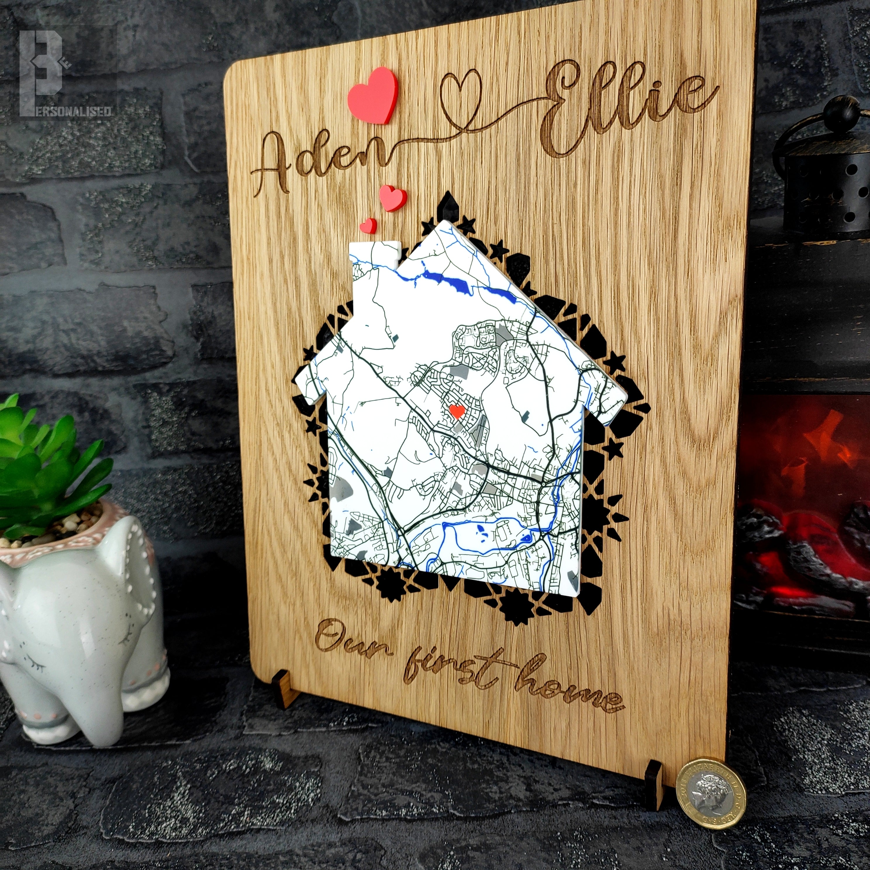 Personalized oak Our First Home map plaque with Aden & Ellie