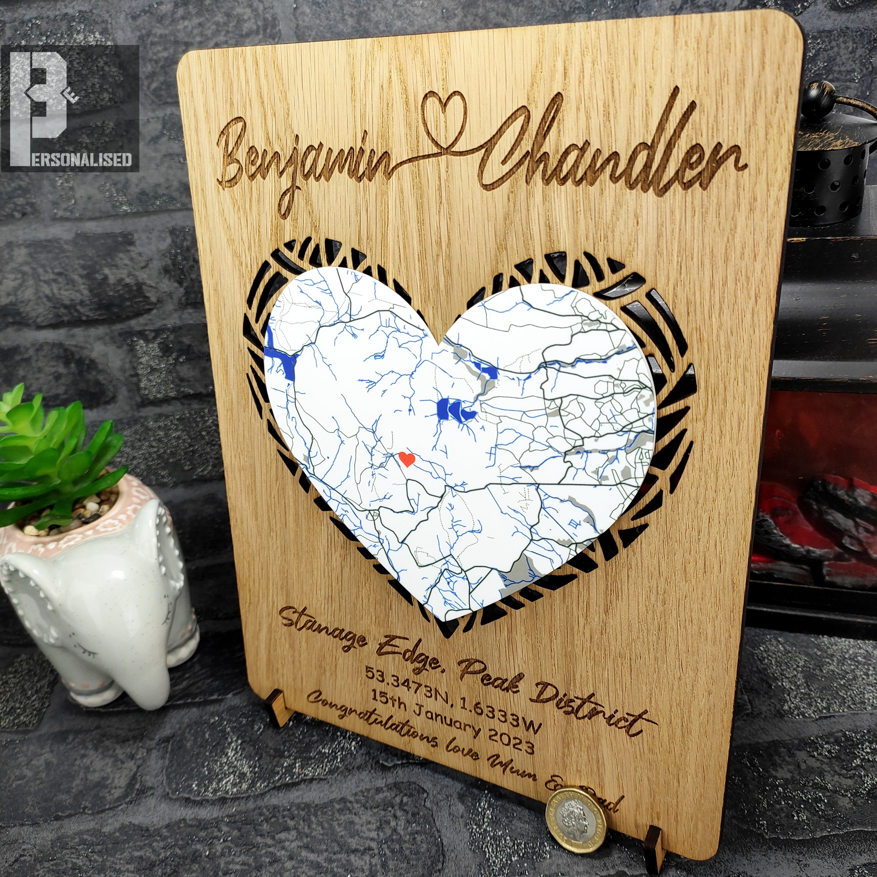 Light oak Where We Met plaque with Stanage Edge heart map engraving