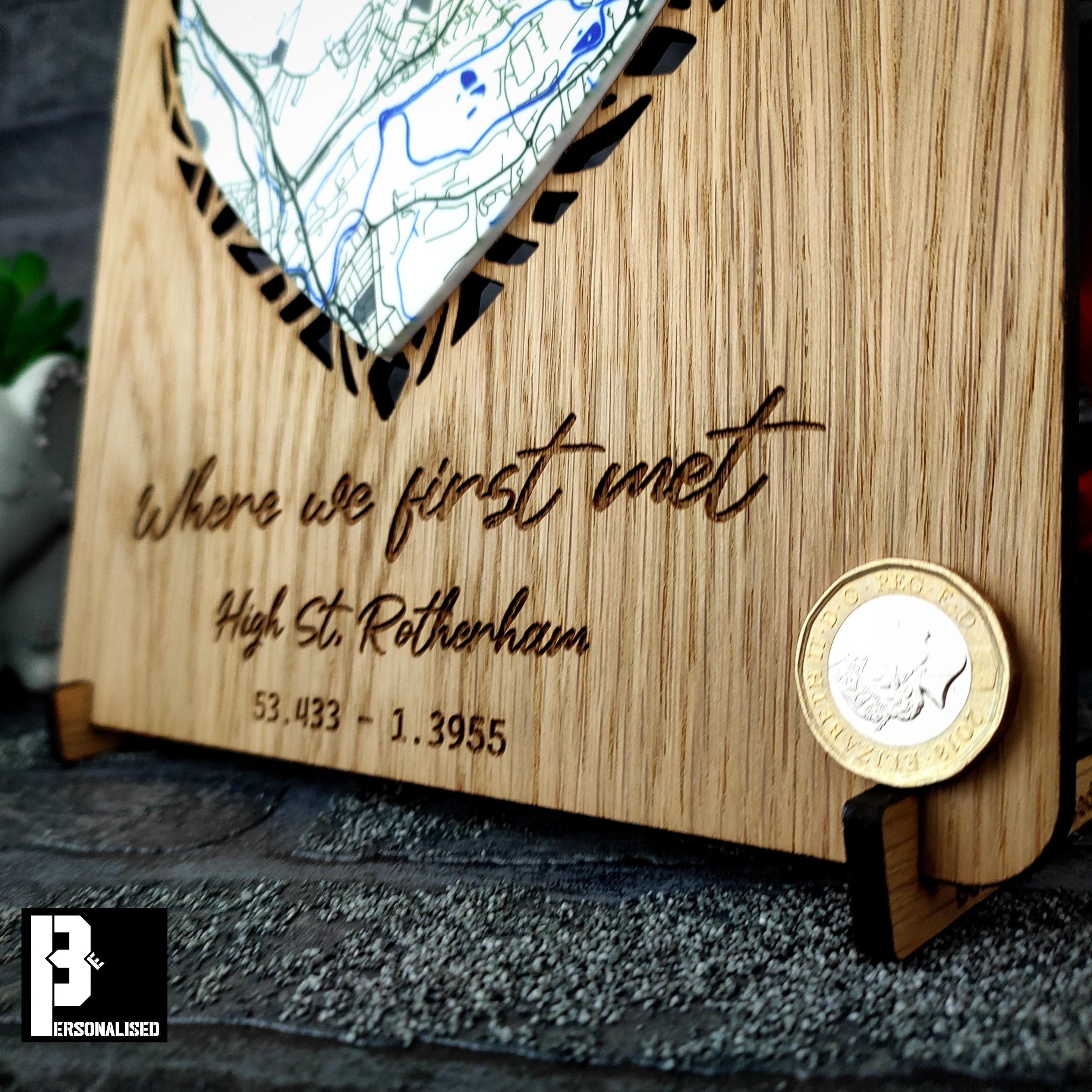 Light brown oak plaque with laser-engraved High St Rotherham map, Where we first met inscription, gold coin