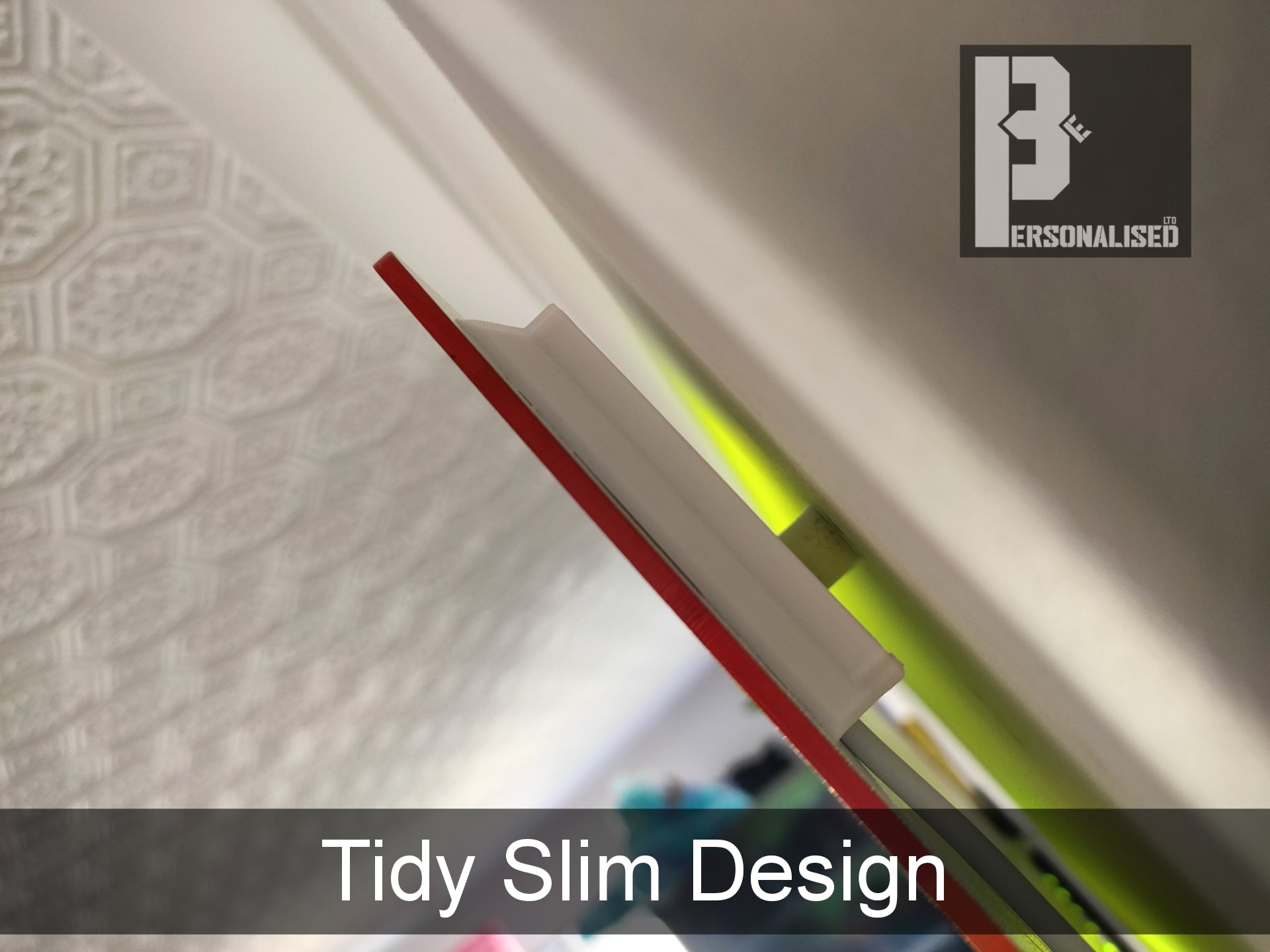 White slim LED sign mirror with red edge, yellow lining, custom business text