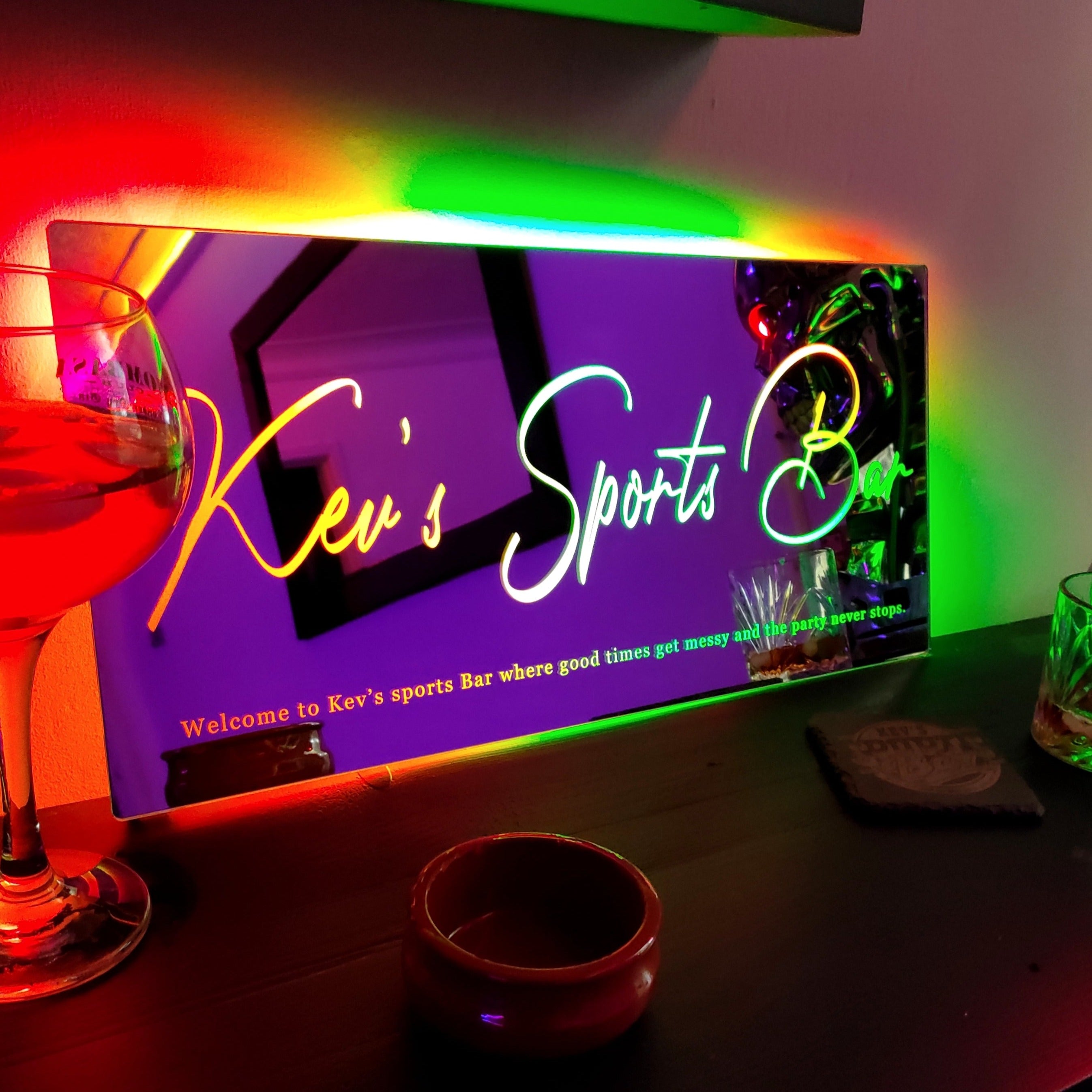 Vibrant neon Kevs sports bar LED sign mirror in yellow cursive on purple