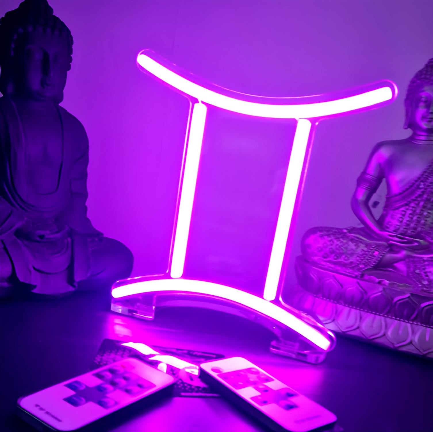 Glowing purple neon Gemini zodiac sign for May 21 - June 20