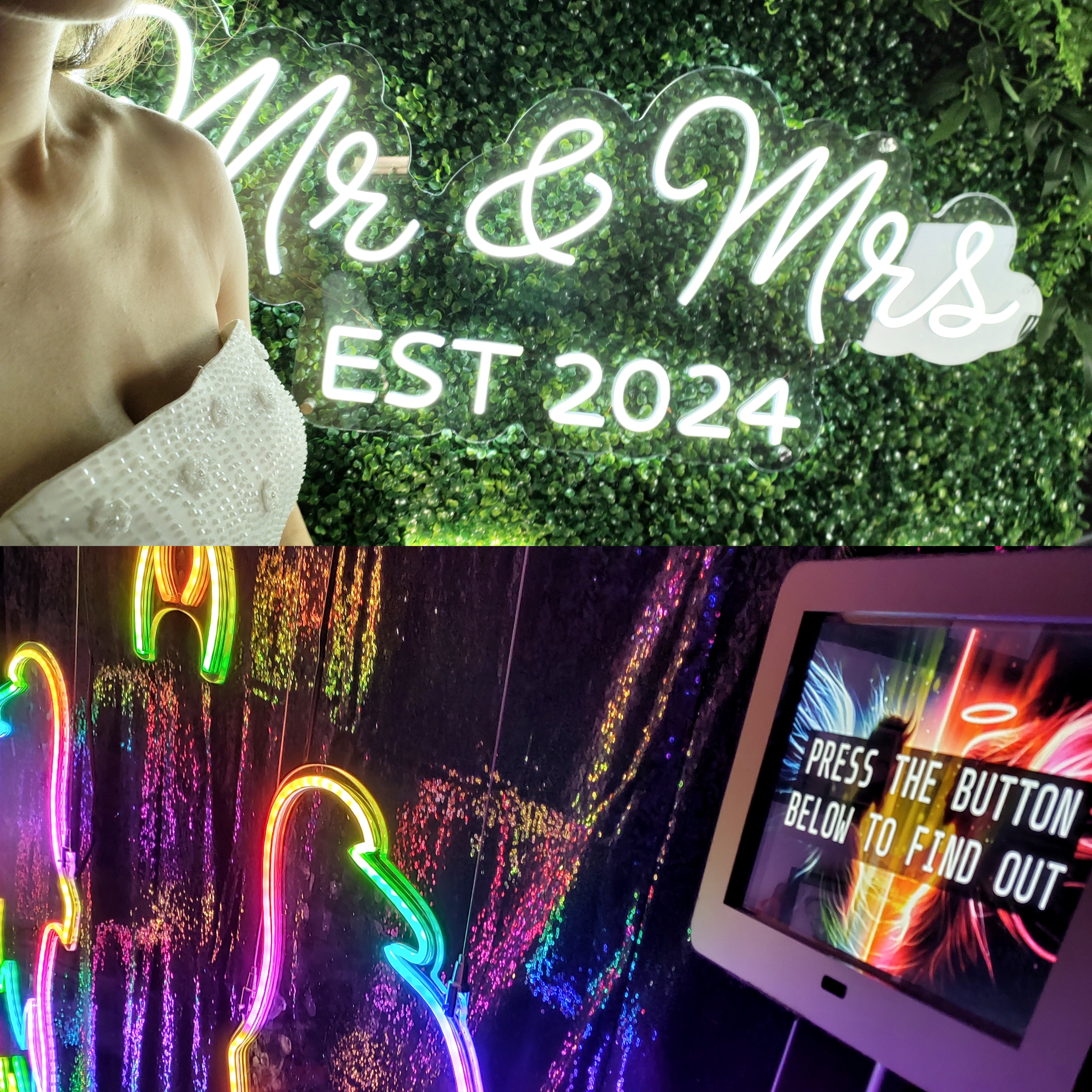 White cursive Mr & Mrs Est 2024 neon sign on green hedge