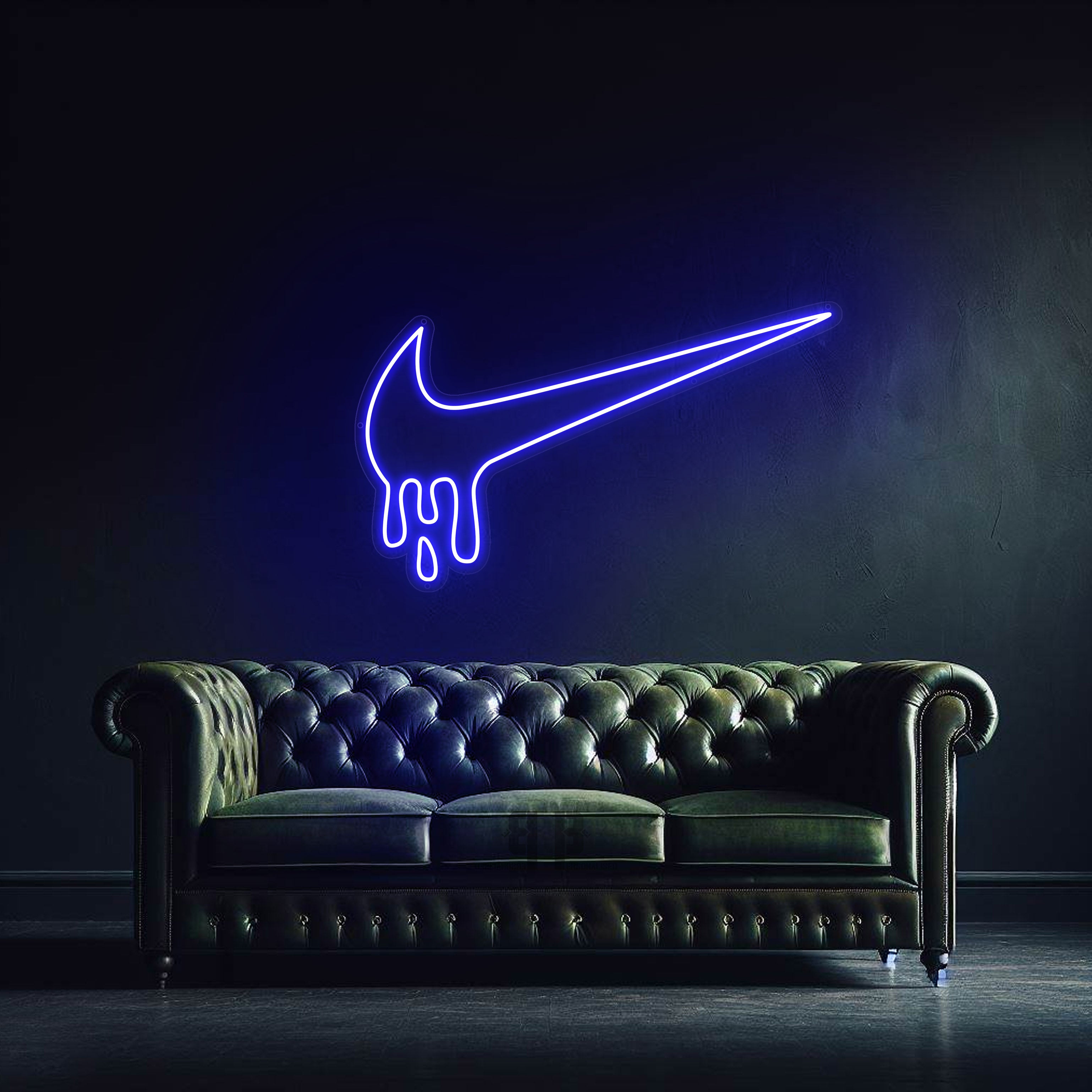 Glowing blue Drip Tick Neon Nike swoosh sign above dark green Chesterfield sofa