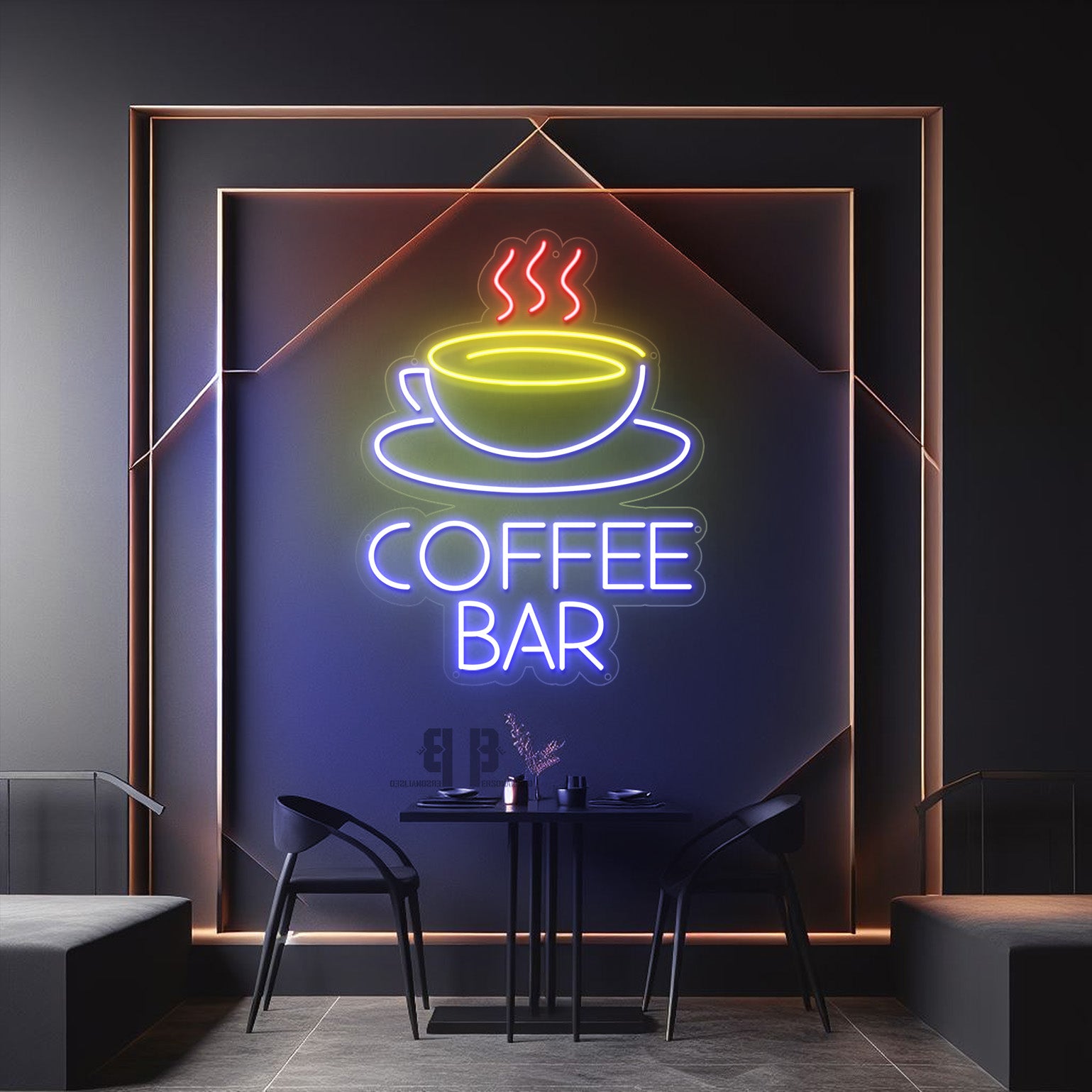 Coffee Bar Neon Sign with steaming cup in yellow blue glow