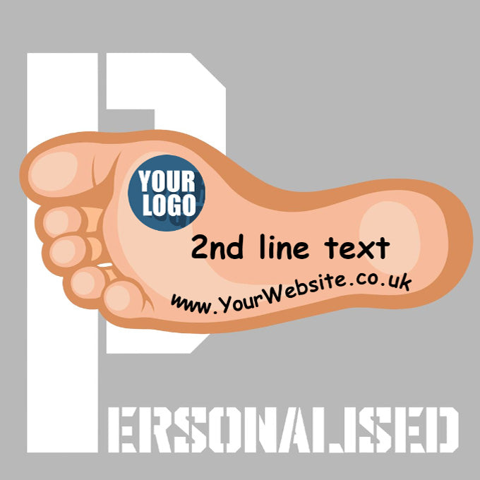 Peach cartoon foot-shaped business card for podiatrists with blue logo placeholder