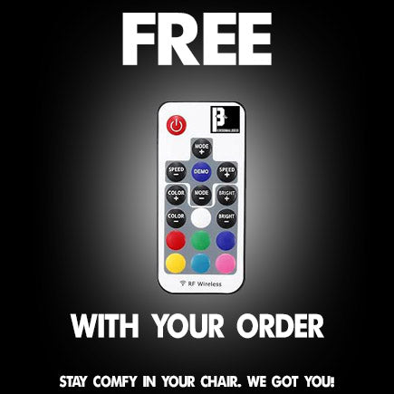 Drip Tick Neon white remote with black buttons, colorful LEDs, b logo