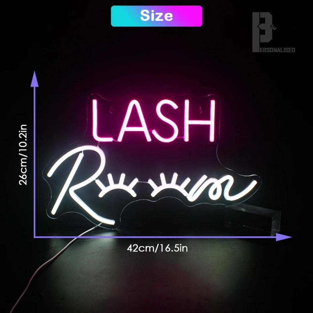 Glowing pink white Lash Room LED neon sign with stylized eyelashes