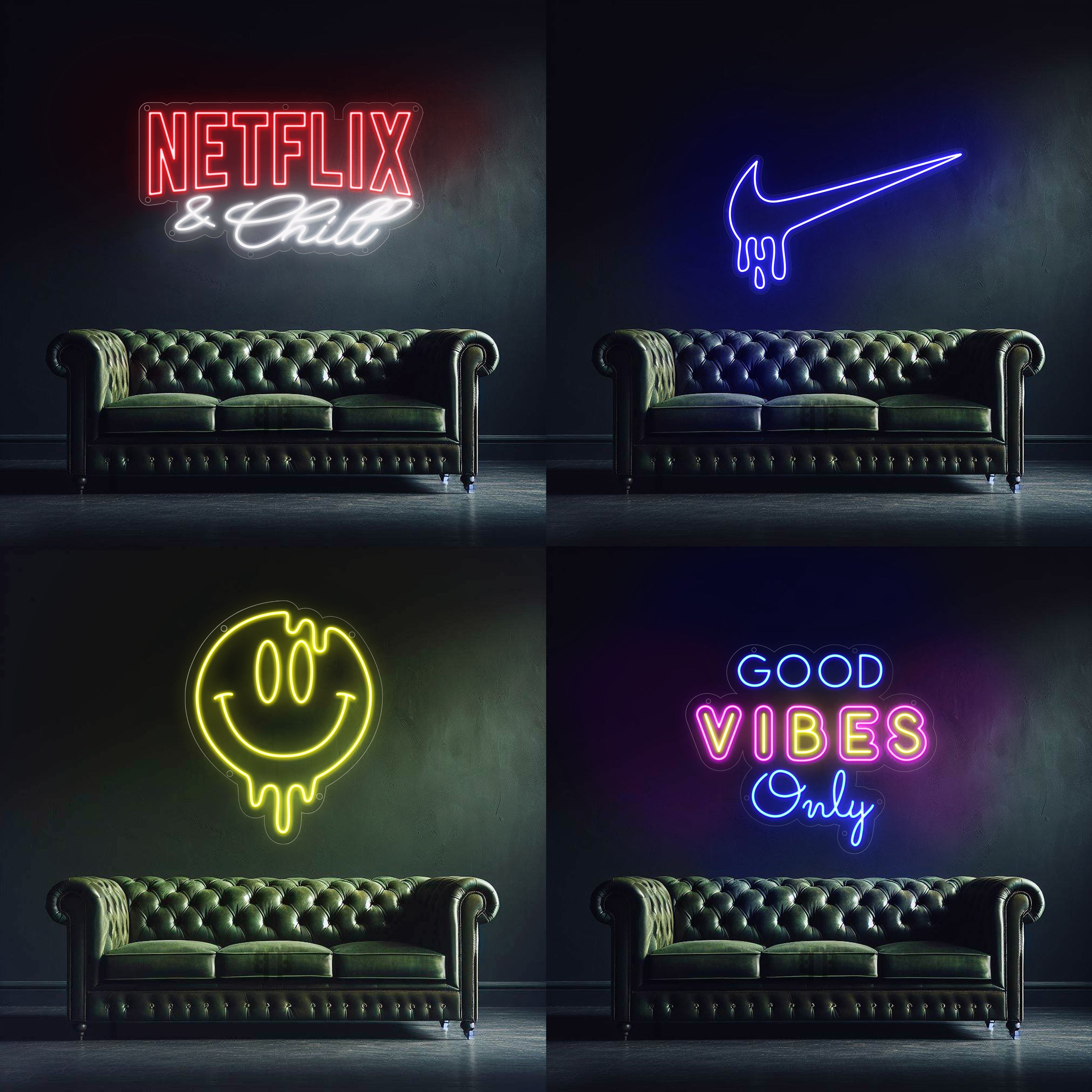 a 4 image collage showing smiley good vibes only, drip tick, netflix