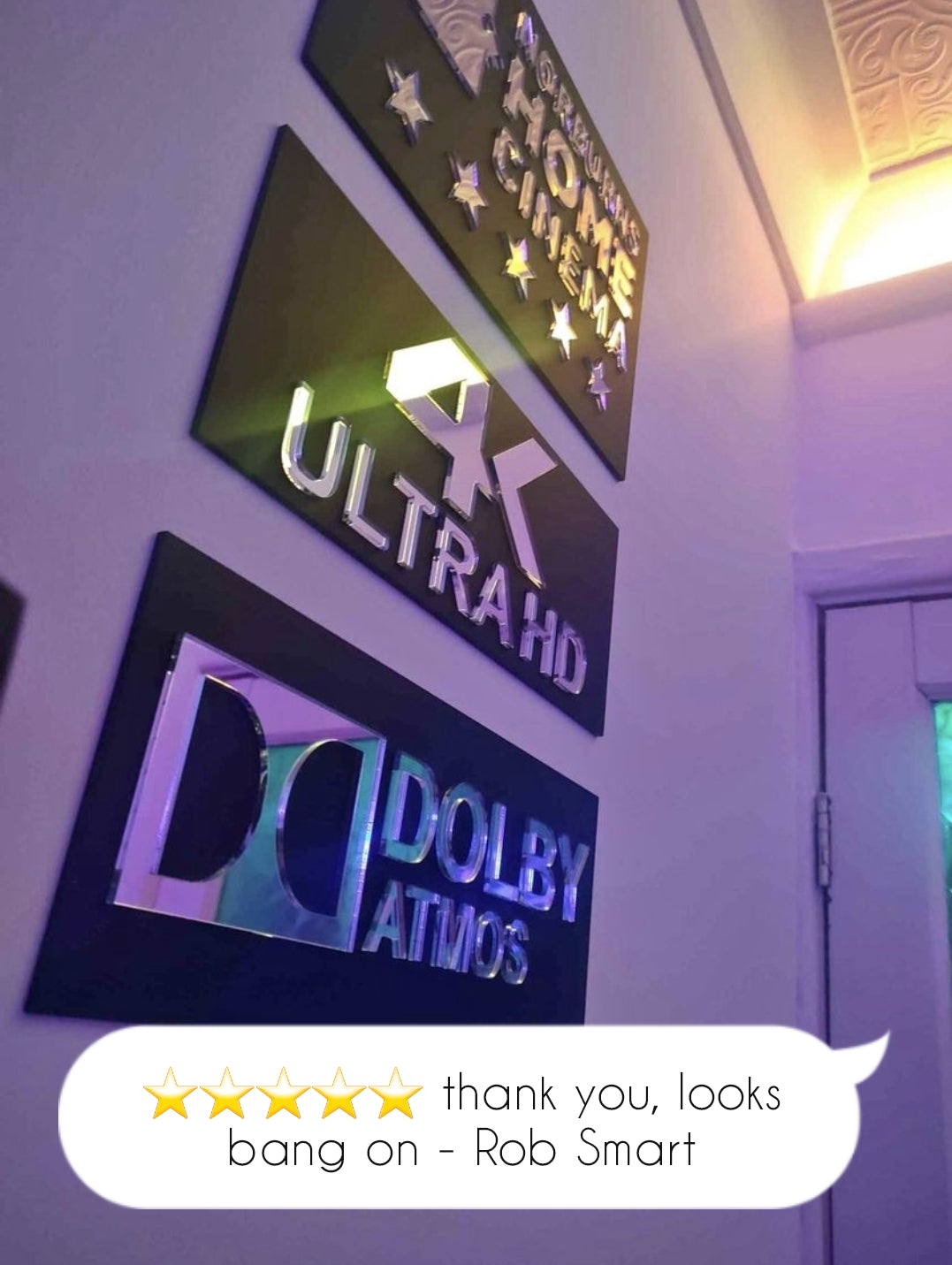 Custom Home Cinema Sign, 4K Ultra HD Home Theater Plaque, Dolby Atmos Home Cinema Badge