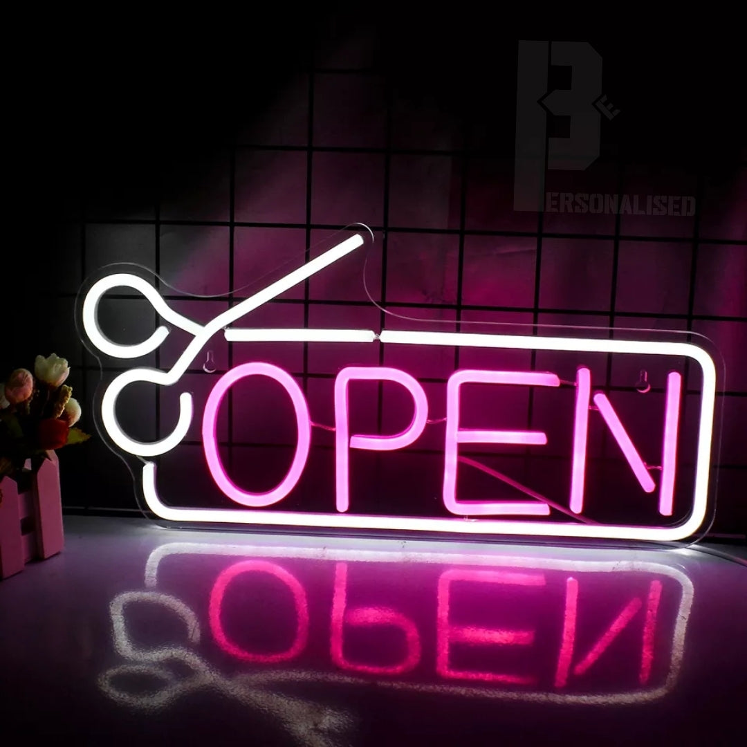 Open Hairdressing Hairdresser Stylist Salon Barbers Business Rectangle Shop Led Neon Sign