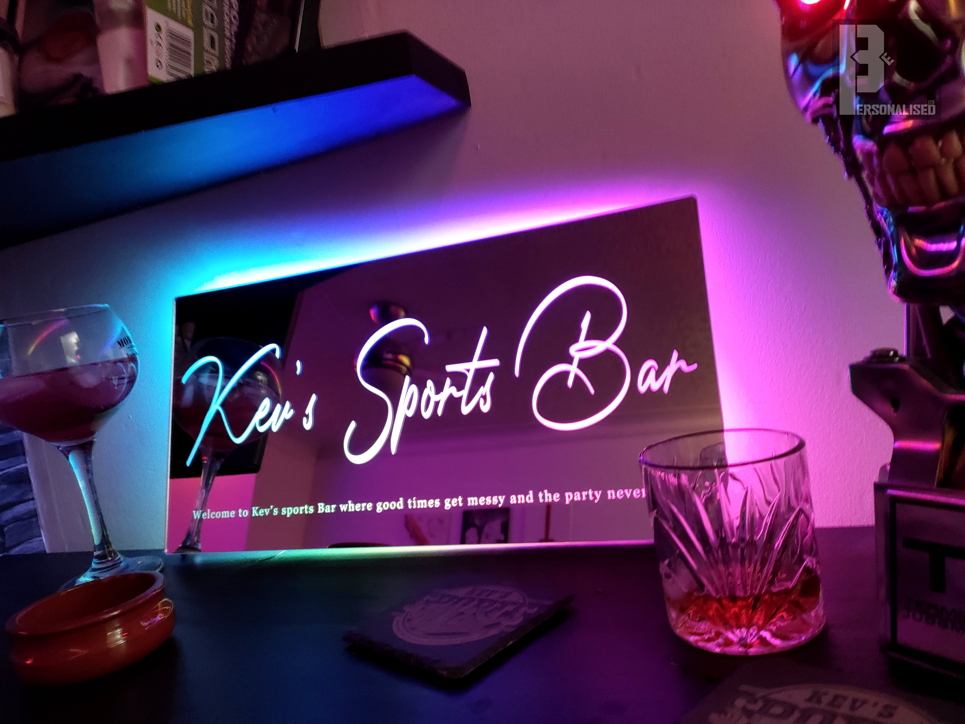 Business Bar Restaurant Light Up Addressable LED Sign Mirror Name Quote, Gold Or Silver Wall Decor Custom Personalised Company Text