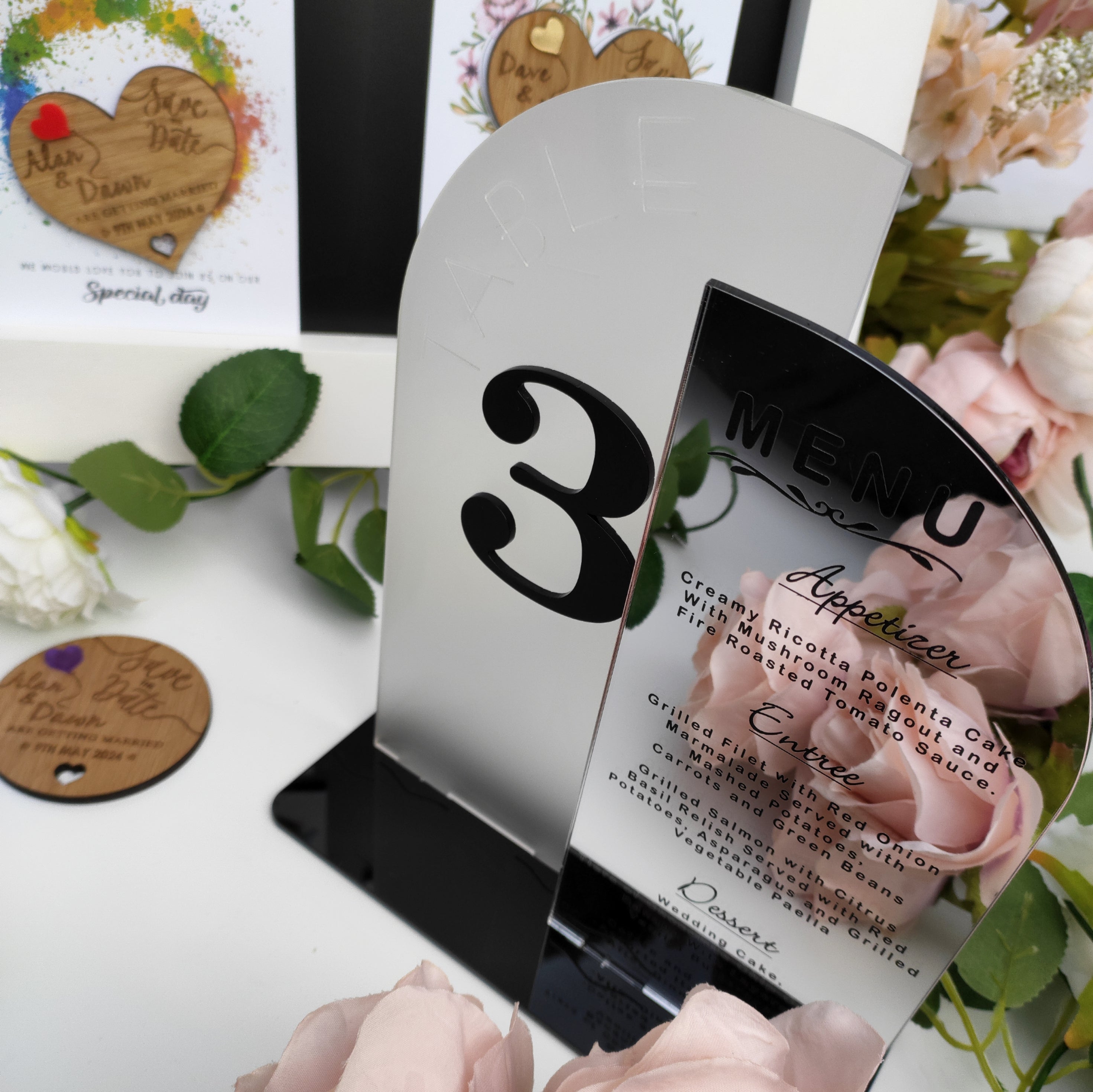 Mirror Table Number, Menu and Order Of The Day Wedding Centrepiece in Medium and Large Sizes