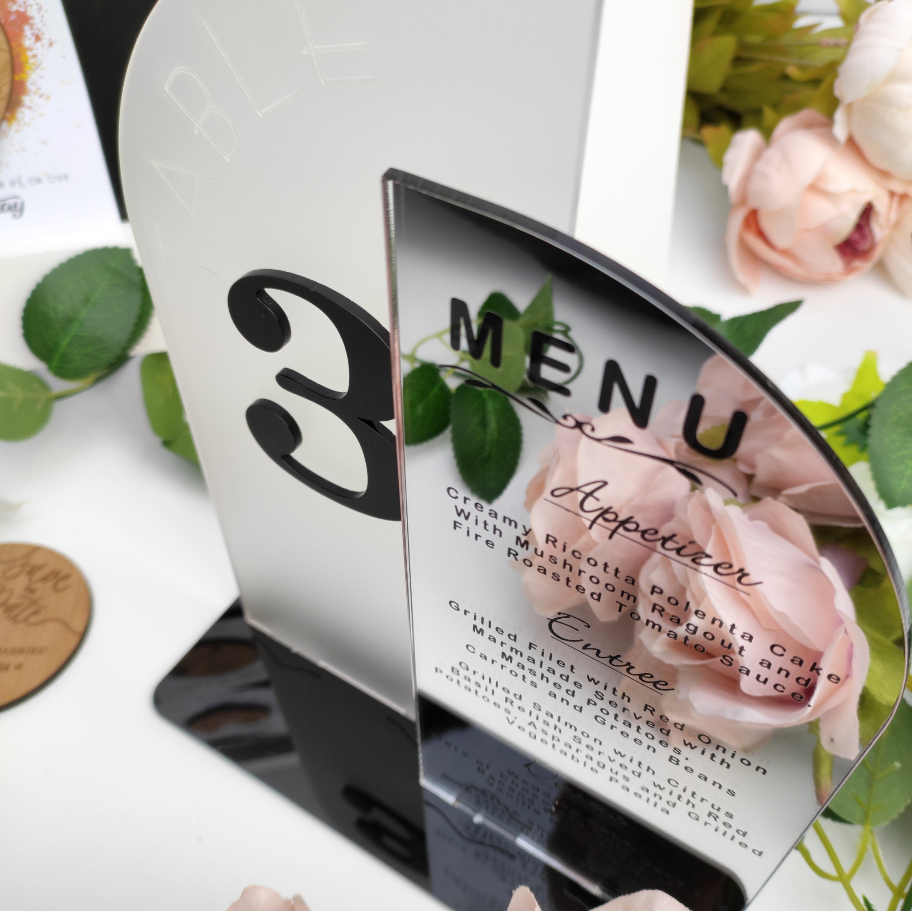 Mirror Table Number, Menu and Order Of The Day Wedding Centrepiece in Medium and Large Sizes