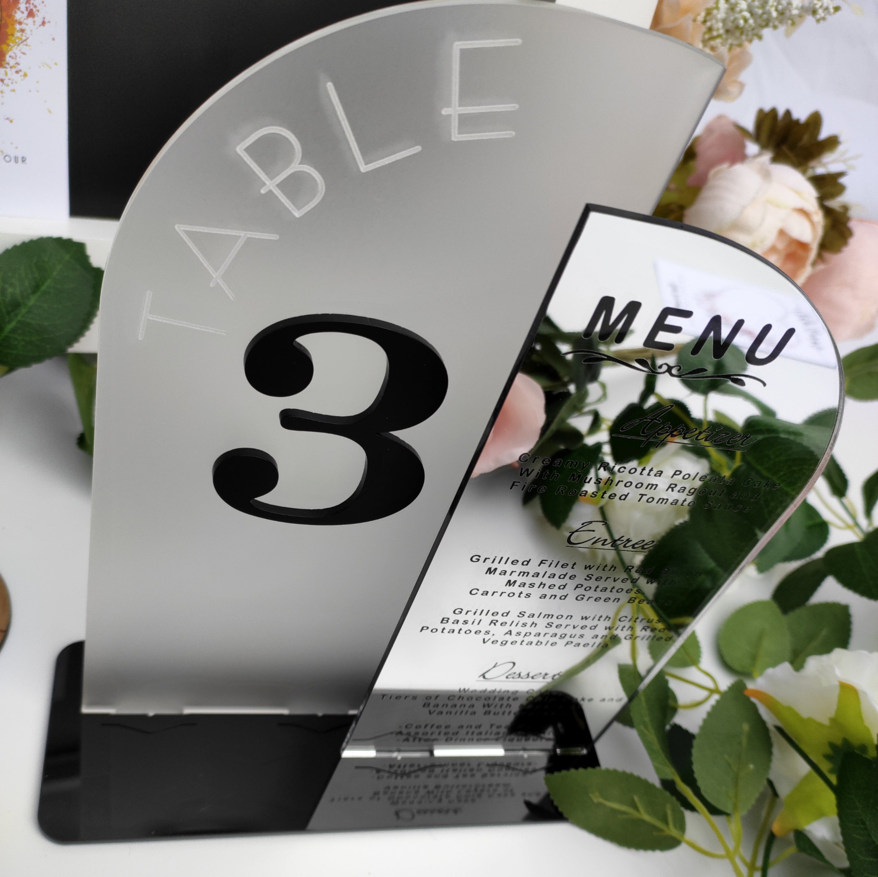 Mirror Table Number, Menu and Order Of The Day Wedding Centrepiece in Medium and Large Sizes