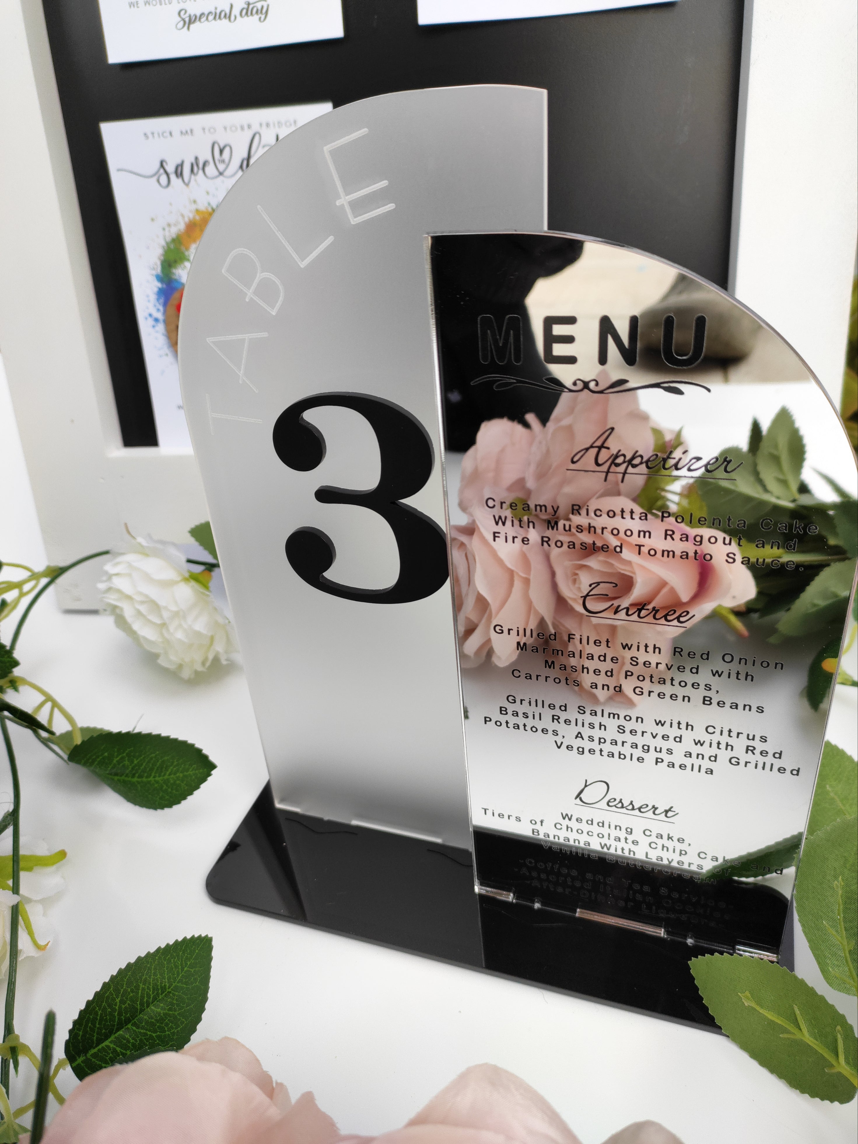 Mirror Table Number, Menu and Order Of The Day Wedding Centrepiece in Medium and Large Sizes