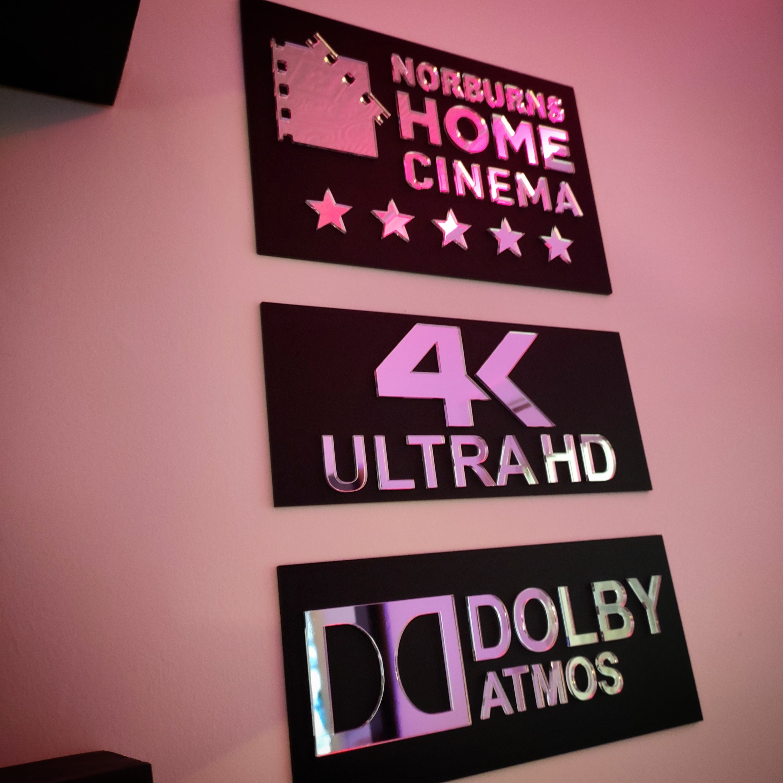 Custom Home Cinema Sign, 4K Ultra HD Home Theater Plaque, Dolby Atmos Home Cinema Badge