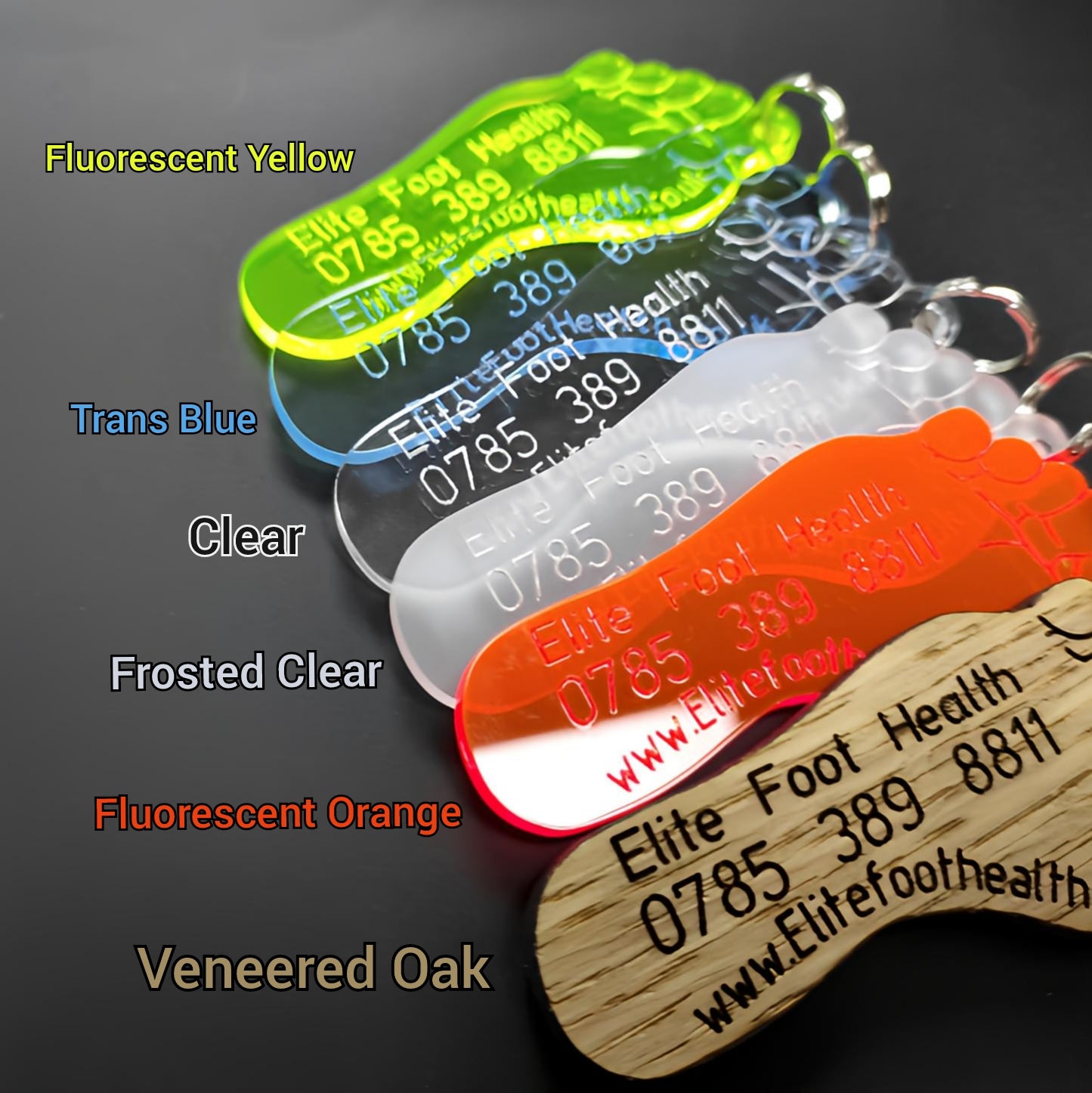 Acrylic Feet Keyrings Engraved for Foot Health Professionals: Podiatrist, Foot Health Practitioner FHP, Chiropodist, Chiropody Business