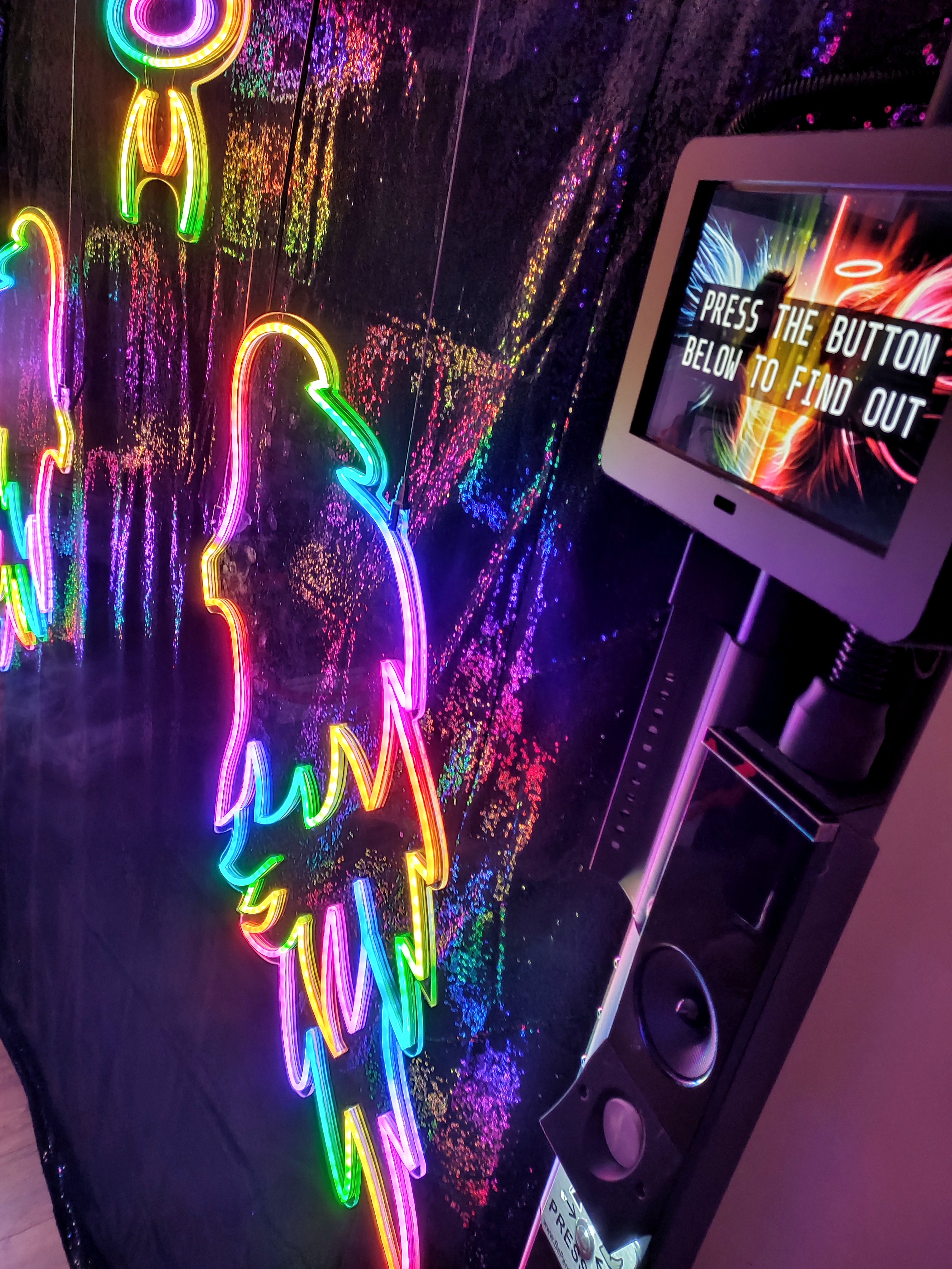Vibrant rainbow neon wing sign for Are You Naughty Or Nice event rental display
